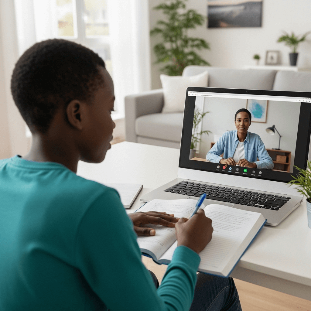 Ugandan children learning with Ajibu - showing children in school uniforms using tablets and laptops for digital learning