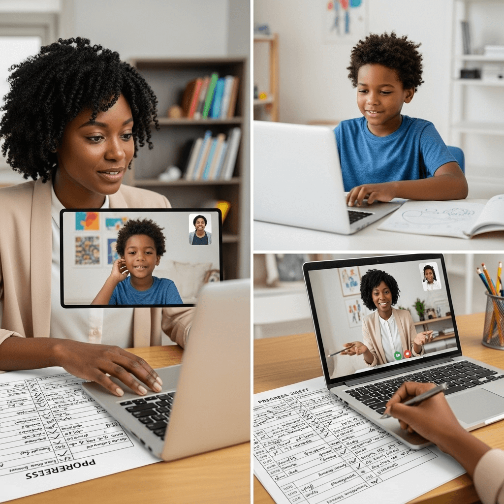 Professional Ugandan teacher using digital tools for online teaching